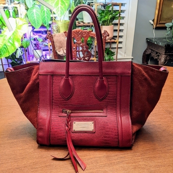 Mario Valentino Red Leather & Suede Trapeze Handbag Cynthia - Picture 1 of 8